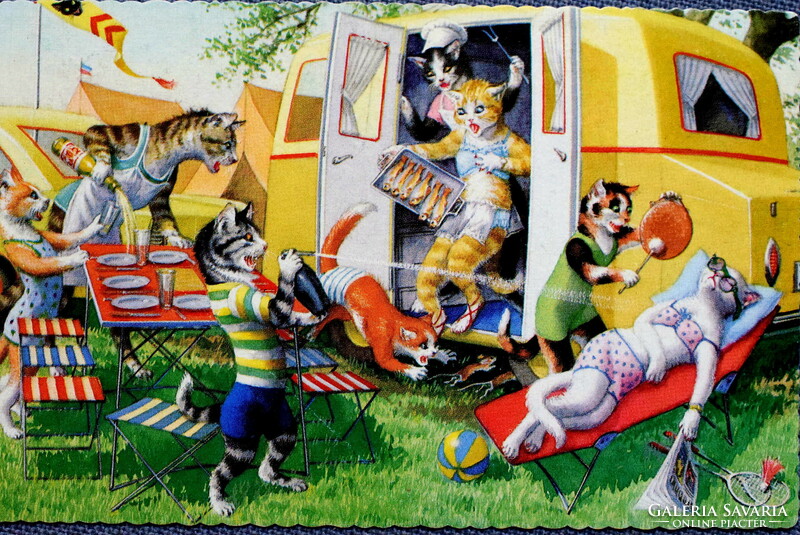 Retro humoros grafikus képeslap cica  - kempingben