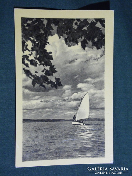 Postcard, Balaton beach detail, sailing ship skyline