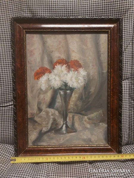 Still life painting, oil, wood panel, glazed frame