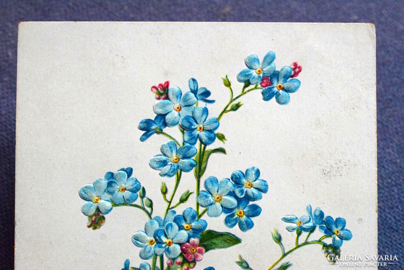 Antique embossed greeting card - forget-me-not bouquet in a vase