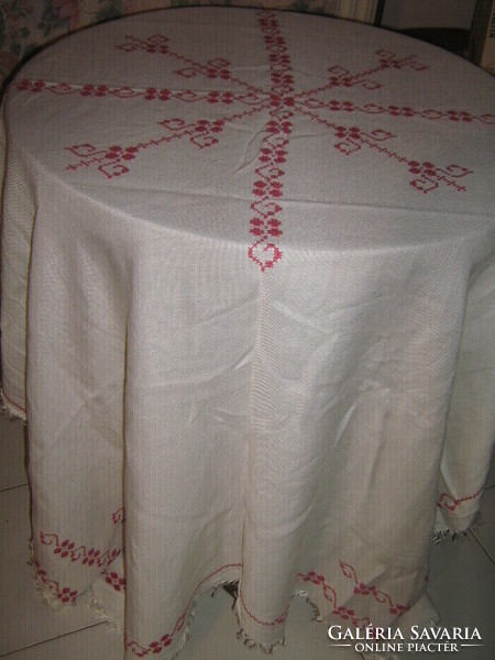Wonderful hand-embroidered cross-stitched fringed elegant woven tablecloth