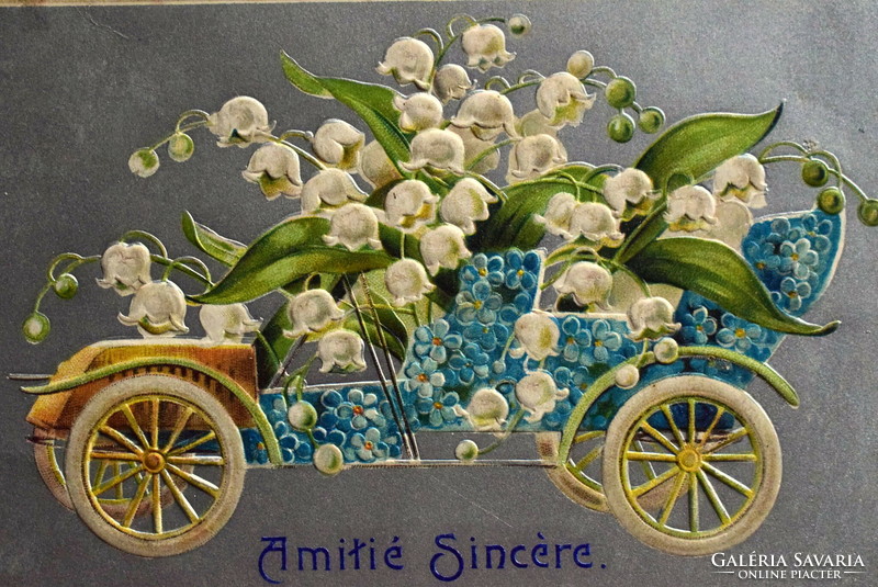 Antik dombornyomott üdvözlő képeslap - virágos automobil  , gyöngyvirág