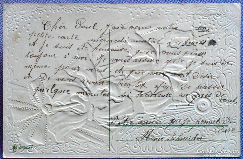 Antik dombornyomott csipkemintás üdvözlő képeslap - íriszek