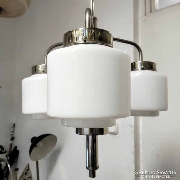 Art deco - Streamline - Bauhaus 3 égős égős nikkelezett csillár felújítva - tejüveg henger búra