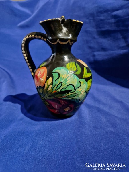 Old folk folk art painted colorful rose flower ceramic jug with handle bait jug