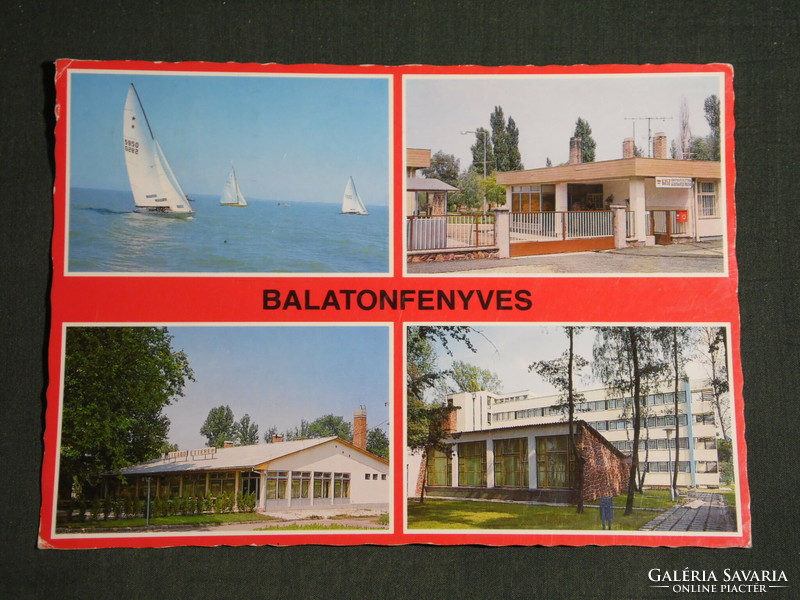 Postcard, Balaton pine forest, mosaic details, cozy restaurant, small camp, sailing boat, resort