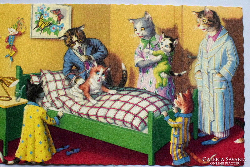 Régi retro humoros grafikus képeslap cica  - beteg cica doktorúrral