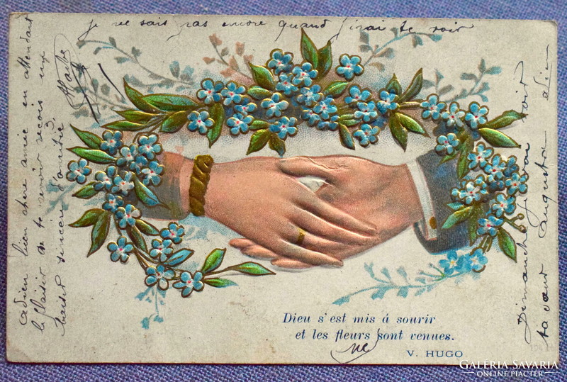 Antique embossed greeting card - handshake from 1907