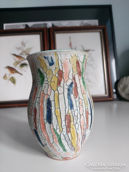 Érdekes, izgalmas mázzal színes kerámia váza, türkizes kék belsővel 12 cm