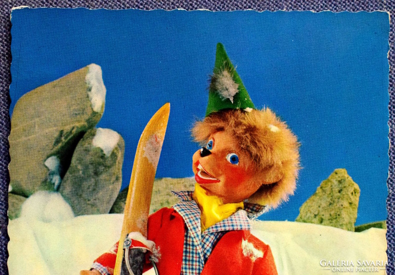 Retro Swiss fairy tale puppet figure postcard - skiing accident