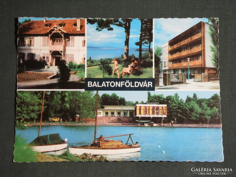 Postcard, Balaton Castle, mosaic details, resort, pier, boat harbor, coast, view