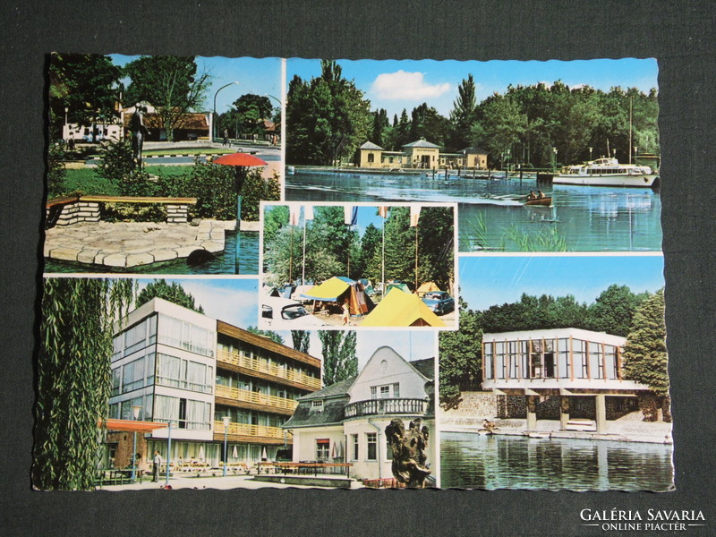Postcard, Balaton Castle, mosaic details, boat harbor, beach, hotel, resort, camping