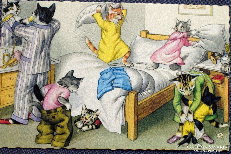 Régi retro humoros grafikus képeslap cica  család reggeli készülődése ,párnacsata
