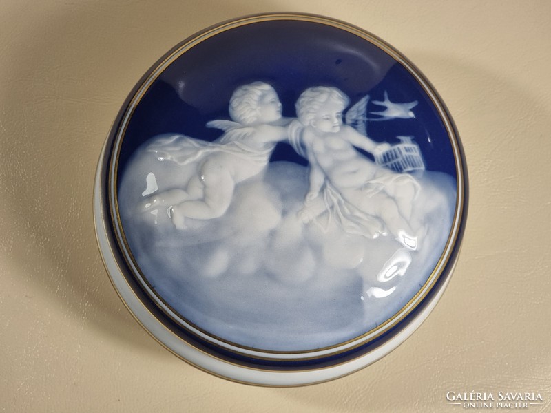 A real rarity! Camille Tharaud Limoges France round cobalt blue bonbonier box with cherubs