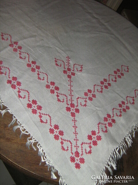 Wonderful hand-embroidered cross-stitched fringed elegant woven tablecloth