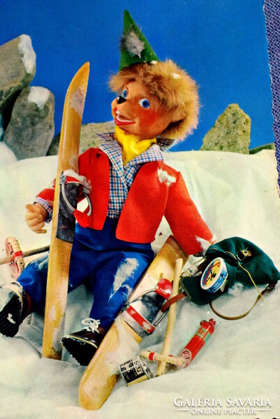 Retro Swiss fairy tale puppet figure postcard - skiing accident