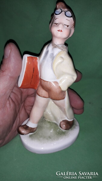 Old hand painted art deco magic porcelain walking boy with book under arm 17 cm as shown in pictures