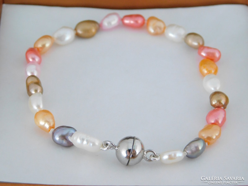 Pearl bracelet with magnetic silver ball clasp, colorful baroque pearls