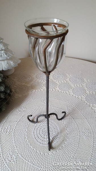 Iron frame, hand-blown glass candle holder, vase
