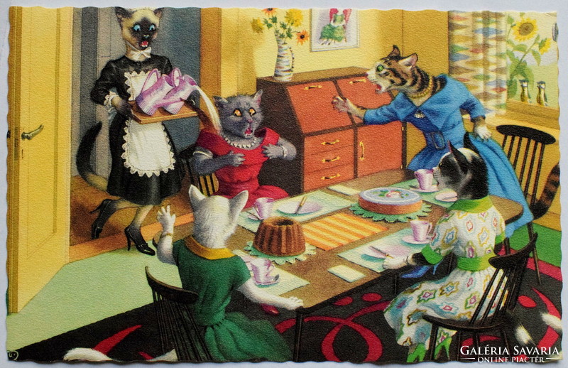 Old retro humorous graphic postcard cat - cat ladies guest with an accident