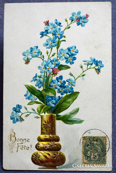Antique embossed greeting card - forget-me-not bouquet in a vase