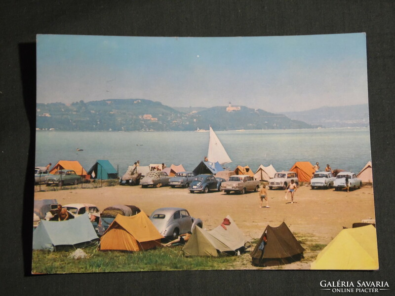 Postcard, Balaton panorama to Tihany, camping, tent, cars