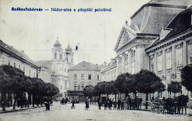 Székesfehérvár - Nádor utca a püspöki palotával  , fogat, üzlet, reklám 1919