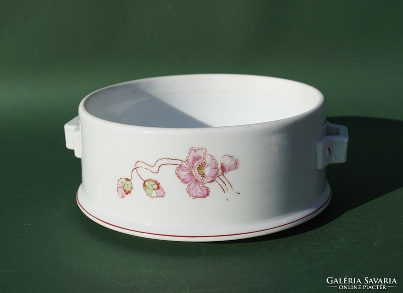 Part of an antique porcelain food barrel with a hand-painted pink poppy flower pattern
