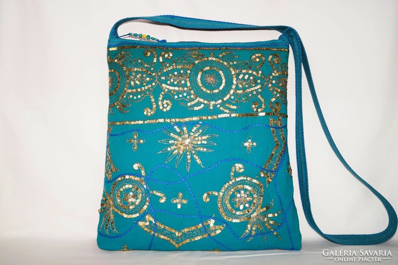 Turquoise Gold Floral Indian Sari Hand Embroidered Medium Sequin Shoulder Bag for Women