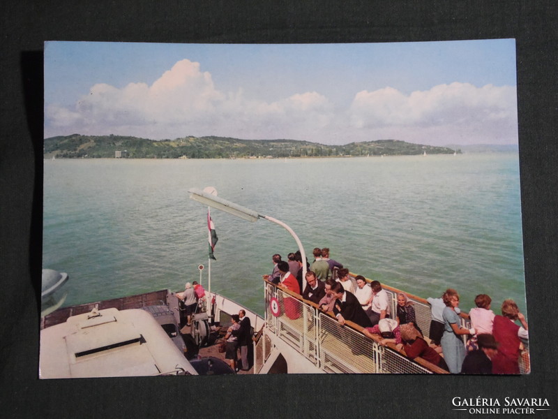 Postcard, panorama of Balaton, detail of Tihany ferry from Pładó on Balaton with people
