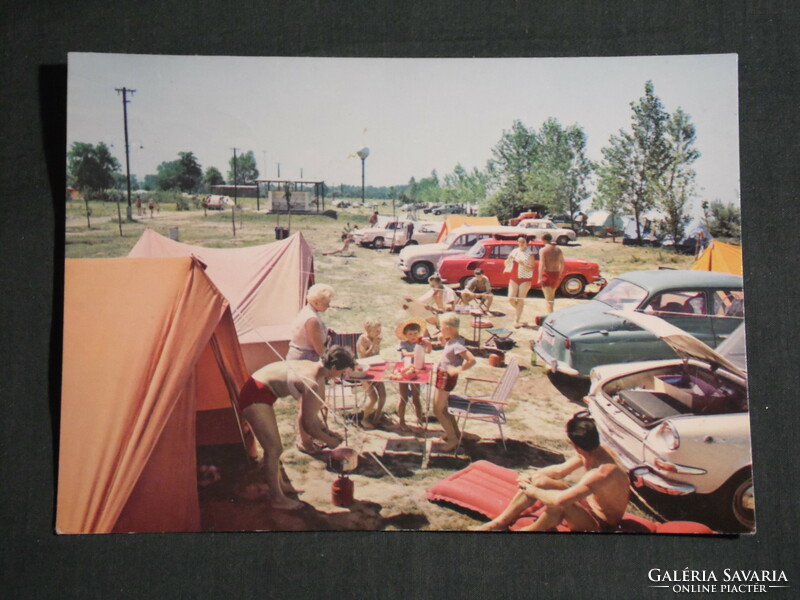 Postcard, Balaton beach detail skyline, camping, camping detail with people, Skoda 100 car