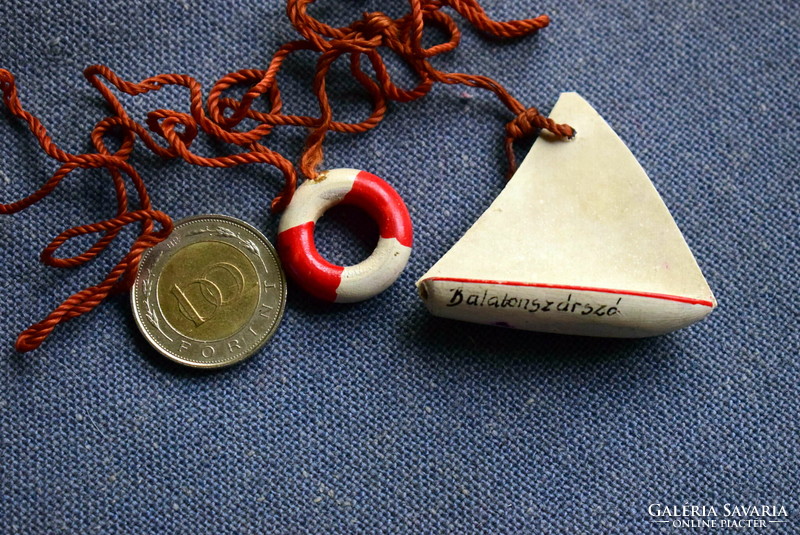 Old small Balatonszárszó souvenir sailboat + life belt from the 1940s