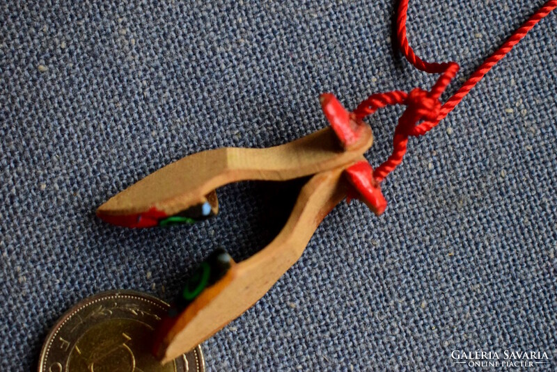 Old small Szeged souvenir painted carved wooden slippers from the 1940s