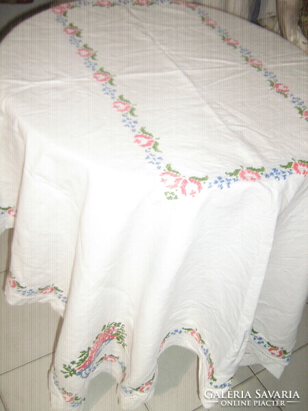 Beautiful antique hand-embroidered cross-stitch folk white linen tablecloth
