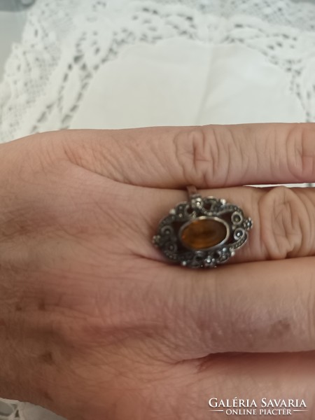 Old handmade silver ring with marcasite and yellow crystal stone for sale!