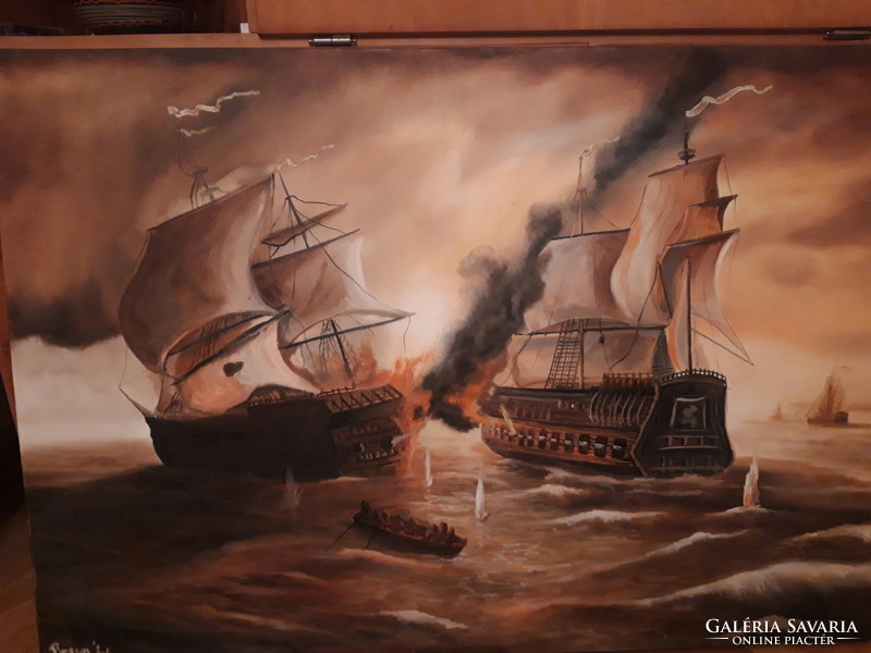 Sea battle oil painting