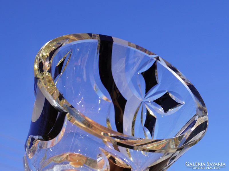 Ritka antik Karl Palda art deco kristály üveg váza metszett geometrikus mintával