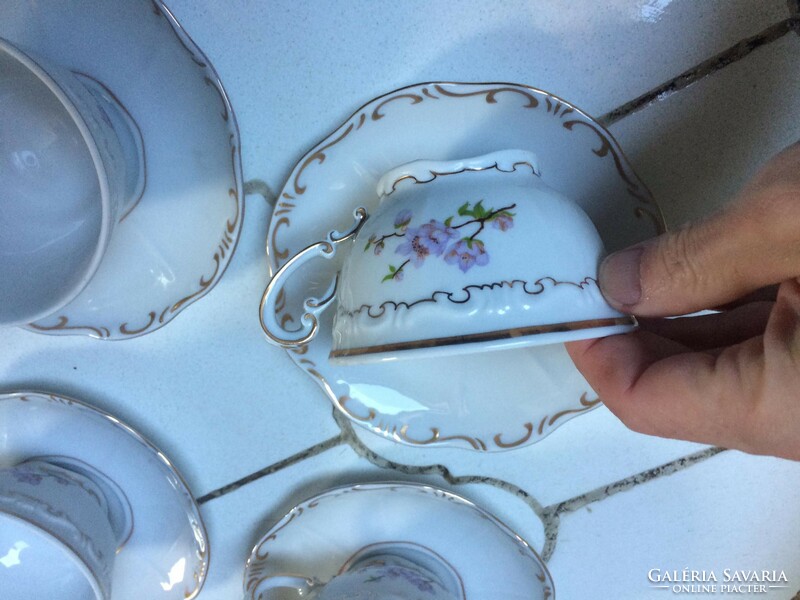 Set of 6 Zsolnay flower patterned porcelain tea cups and coasters with Gundel inscription