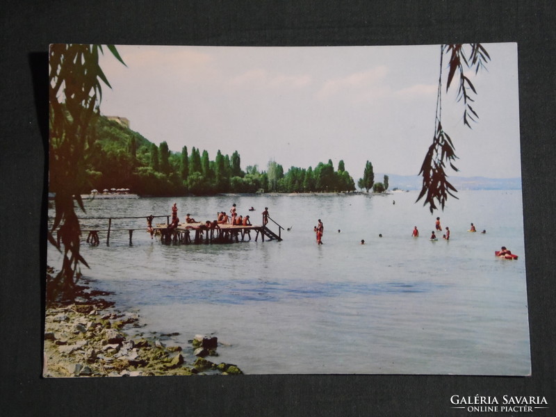 Postcard, Balaton beach, Tihany skyline, beach detail with people