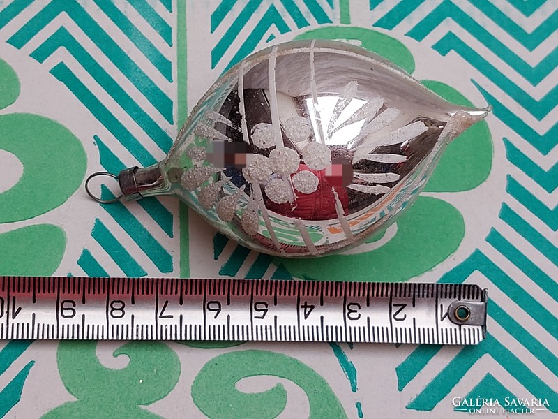 Old glass Christmas tree ornament silver drop-shaped painted flower glass ornament