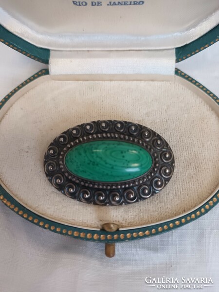 Antique beautiful silver art deco brooch, brooch with malachite stone for sale!