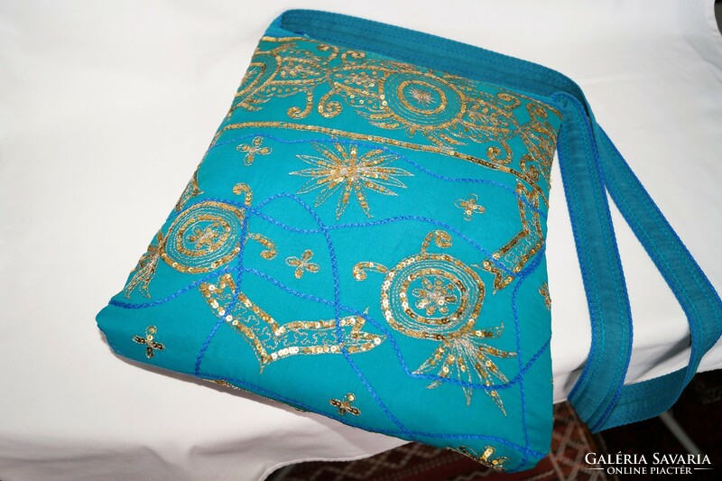 Turquoise Gold Floral Indian Sari Hand Embroidered Medium Sequin Shoulder Bag for Women
