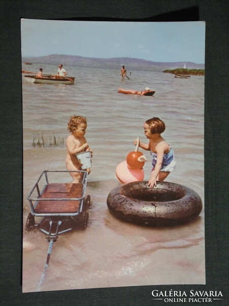 Postcard, Balaton beach view, beach detail with children, rubber inner tube, small car