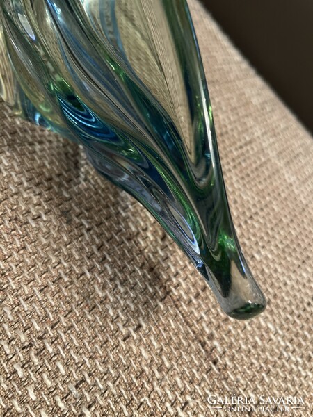 Kézműves üveg asztalközép, csónak alakú, gyönyörű kék színben, hibátlan