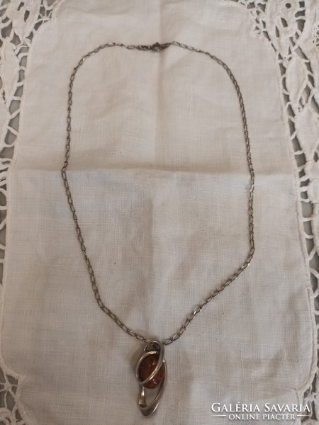 Old silver handmade chain with silver amber pendant for sale!