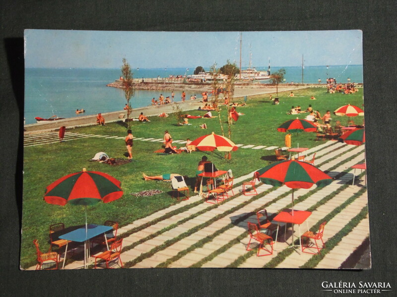 Postcard, Balaton Tihany coast beach detail, pier harbor skyline with ships