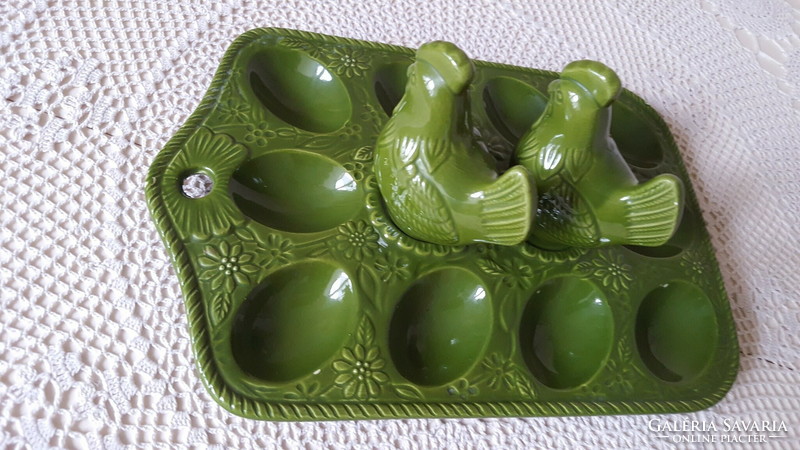 Ceramic boiled egg offering, with hen-shaped salt and pepper shaker