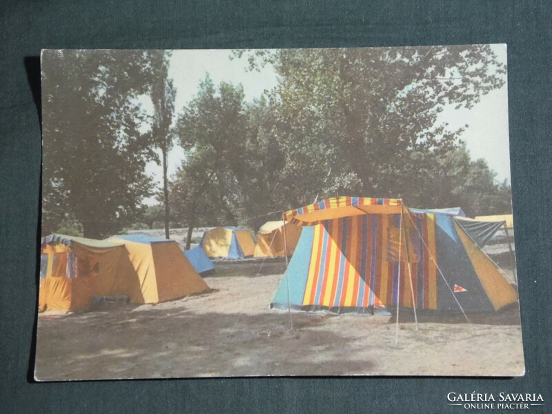 Képeslap, Balaton part részlet látkép, kemping, camping részlet sátrokkal