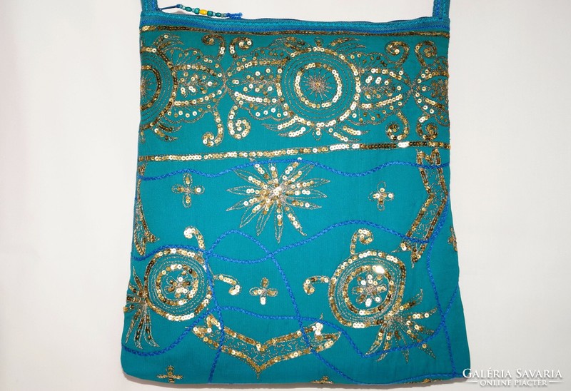 Turquoise Gold Floral Indian Sari Hand Embroidered Medium Sequin Shoulder Bag for Women