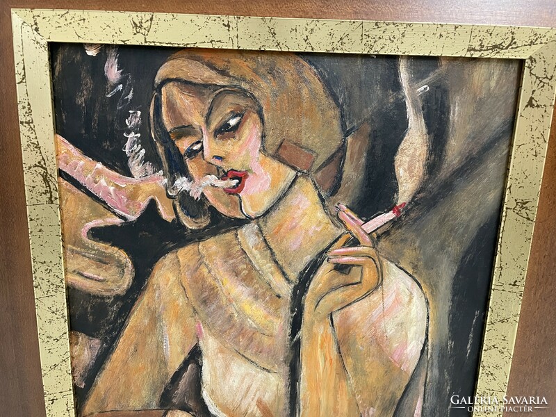 Gyenes putty art deco painting smoking woman girl modern avant-garde